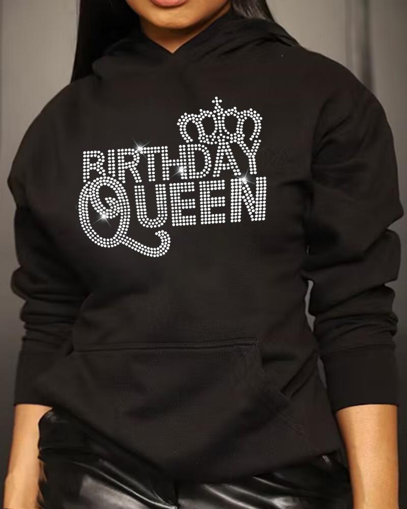 

Plus Size Rhinestone Birthday Queen Crown Pattern Hoodie, Black