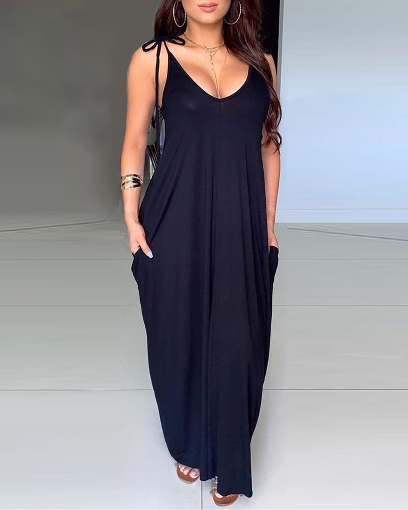 

Sleeveless Pocket Design Casual Dress, Black