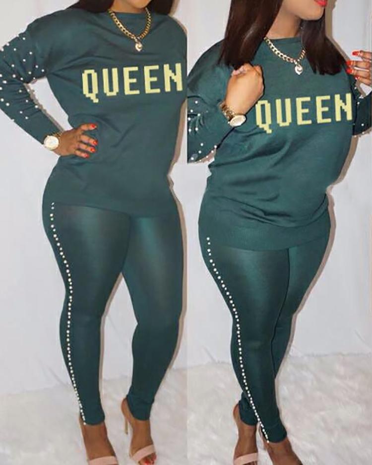

Letter Print Beaded Top & Skinny Pants Set, Green