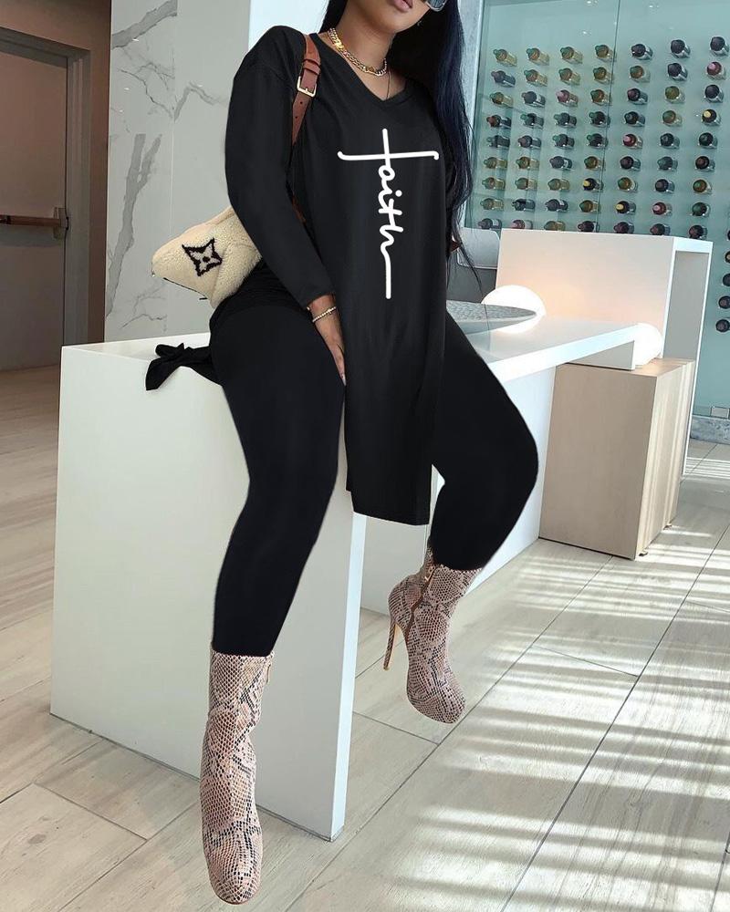 

Letter Print Split Hem Longline Top & Pants Set, Black