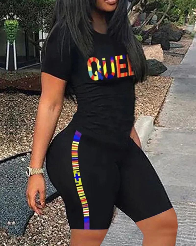 

Letter Print Short Sleeve Top & Shorts Sets, Black