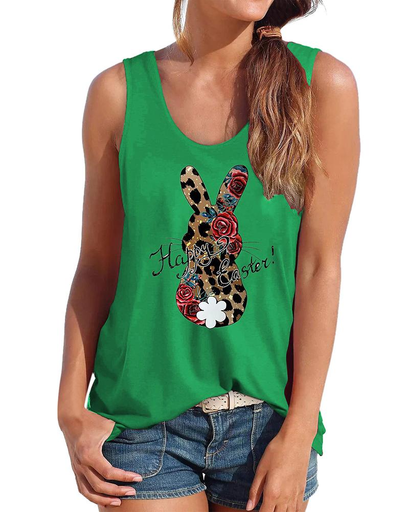 

Leopard Easter Bunny Print Graphic Tee Casual Tank Top, Green