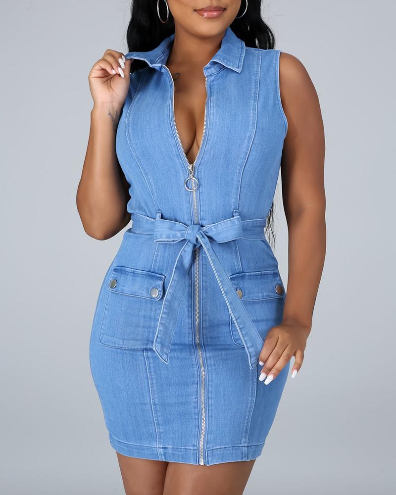 

Zipper Pocket Design Denim Dress With Belt, Blue