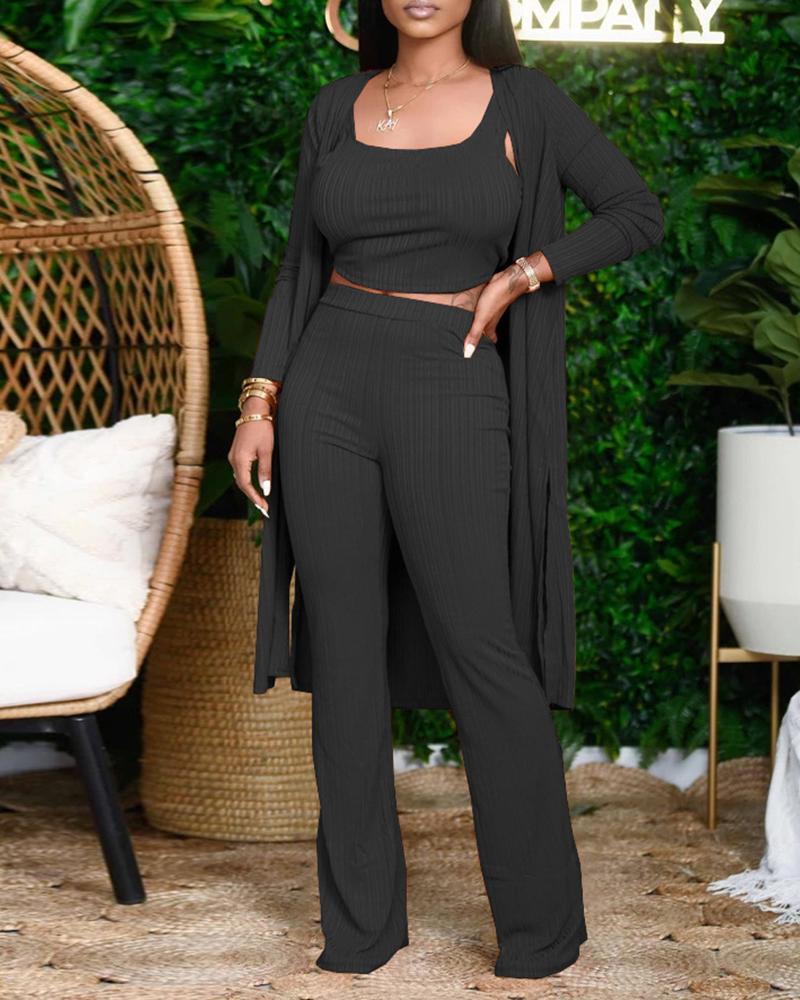 

Plain Ribbed Crop Top & Long Sleeve Longline Coat & High Waist Pants Set, Black
