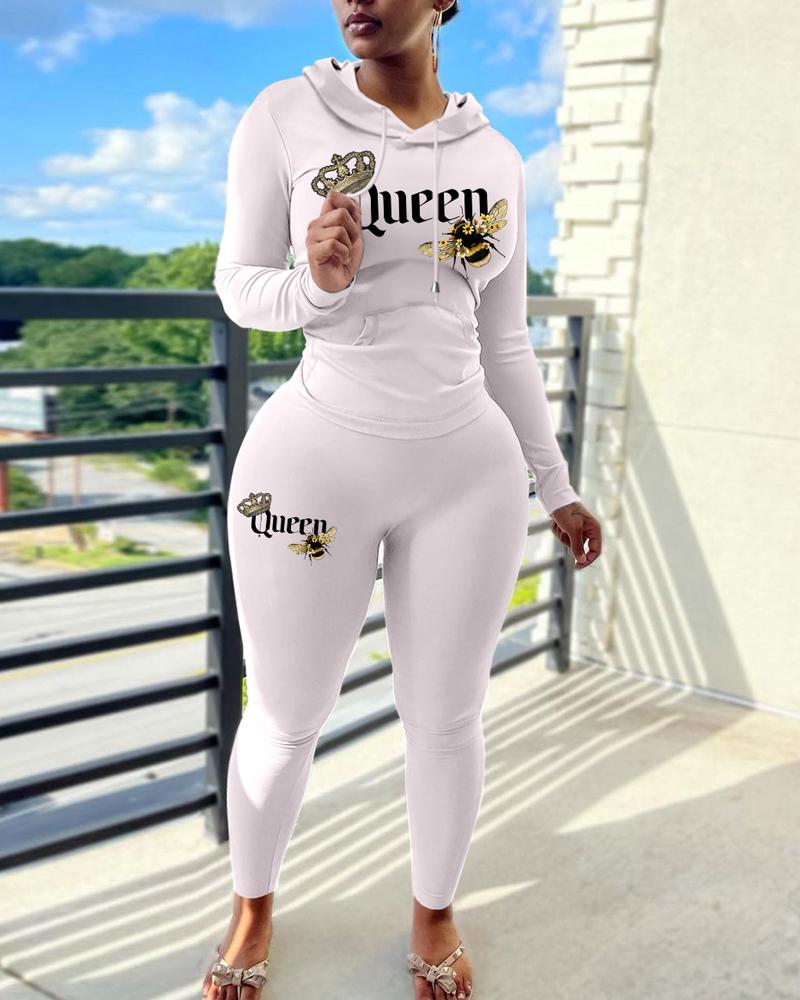 

Letter Bee Print Long Sleeve Hoodie & Pants Set, White
