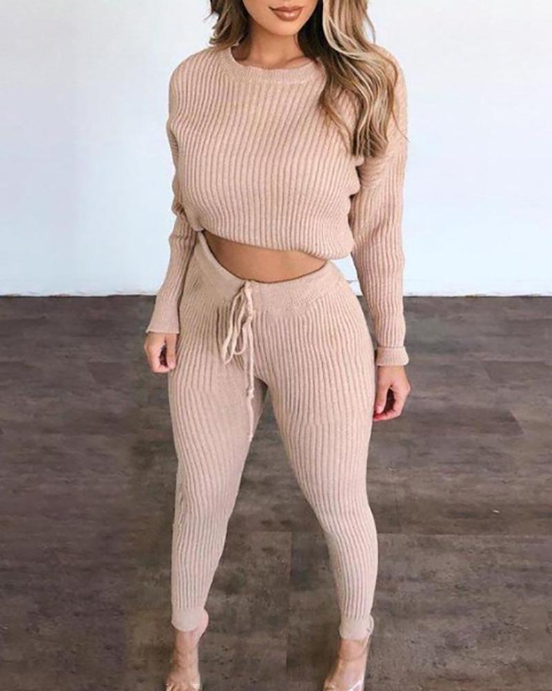 

Ribbed Plain Long Sleeve Top & Drawstring Pants Set, Pink