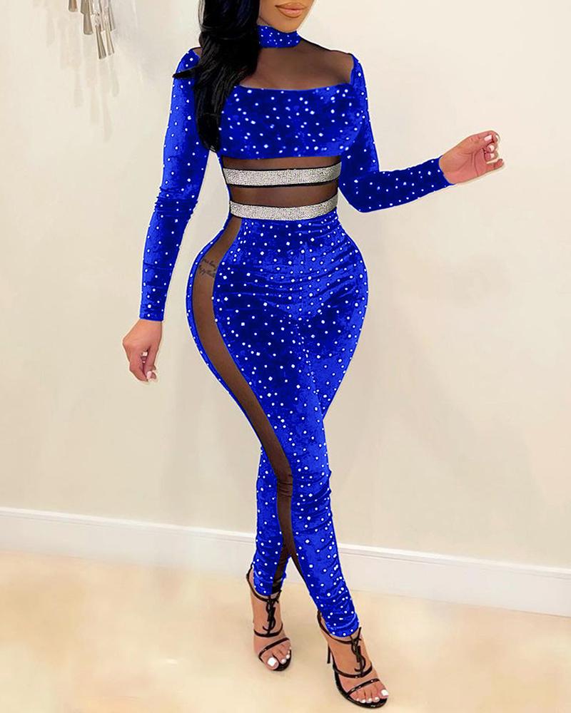 

Velvet Rhinestone Decor Sheer Mesh Jumpsuit, Blue