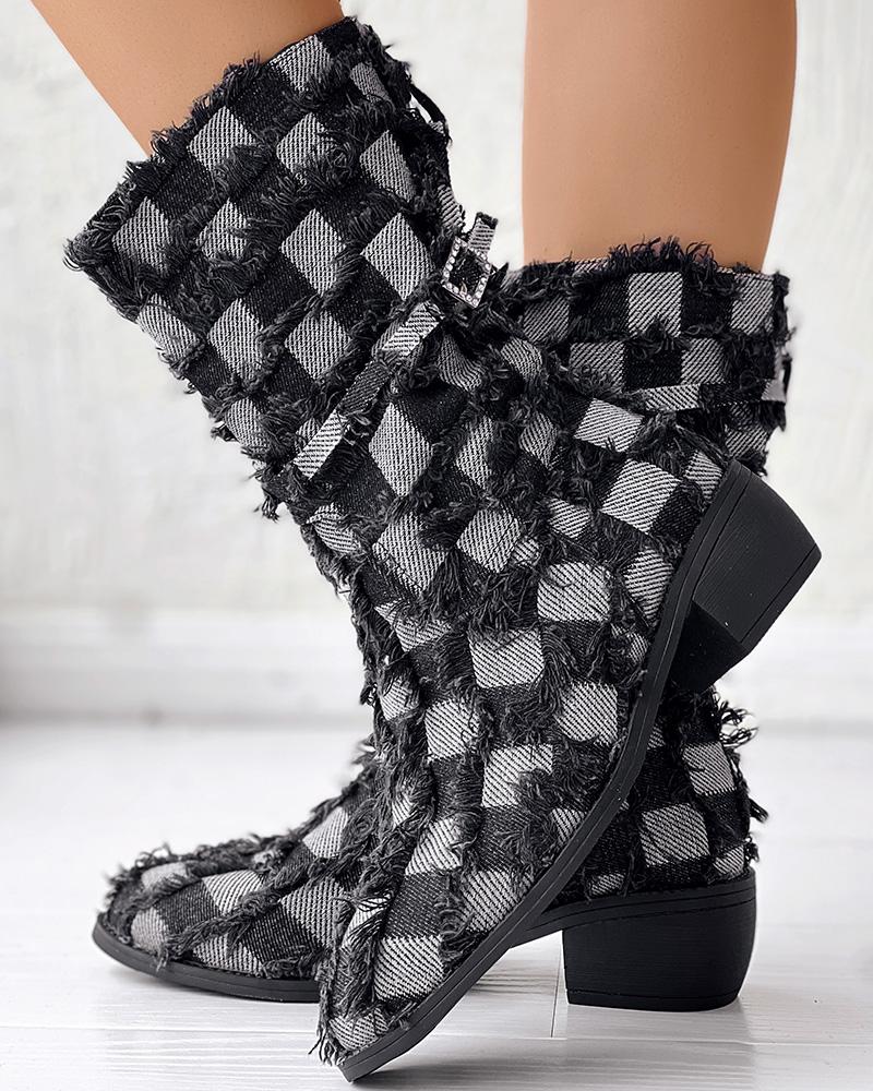 

Plaid Raw Hem Chunky Heel Denim Ankle Boots, Black