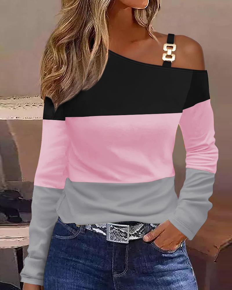 

Colorblock Cold Shoulder Long Sleeve Top, Pink