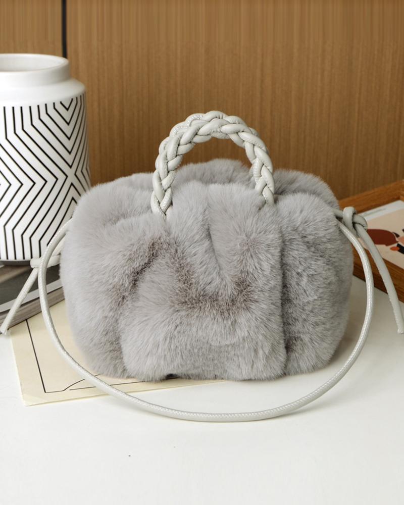 

Fluffy Braided Top Handle Magnetic Shoulder Bag, Gray