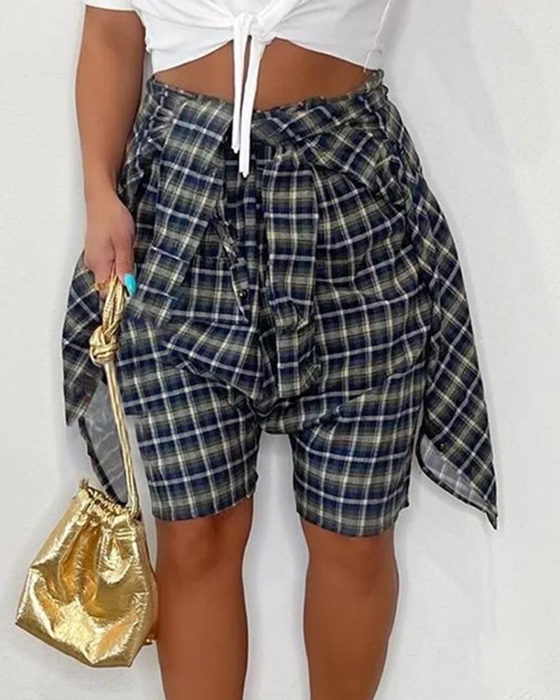 

Plaid Print Fake Two-piece Shorts, Yellow