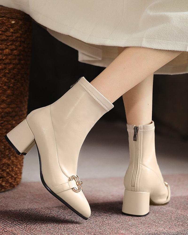 

Ladies Vintage Round Rings Decor Point Toe Wax Finish High Heel Booties, Beige