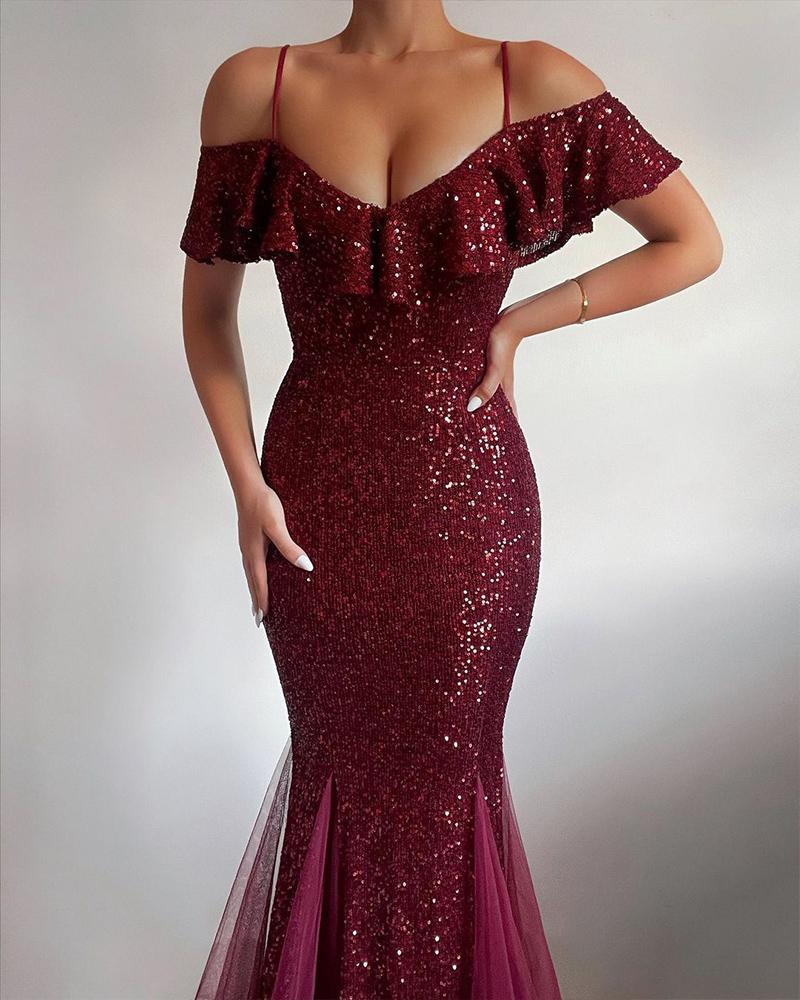 

Sheer Mesh Ruffles Hem Sequin Mermaid Dress, Red
