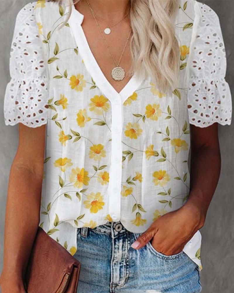 

Floral Print Eyelet Embroidery Ruffles Top, White