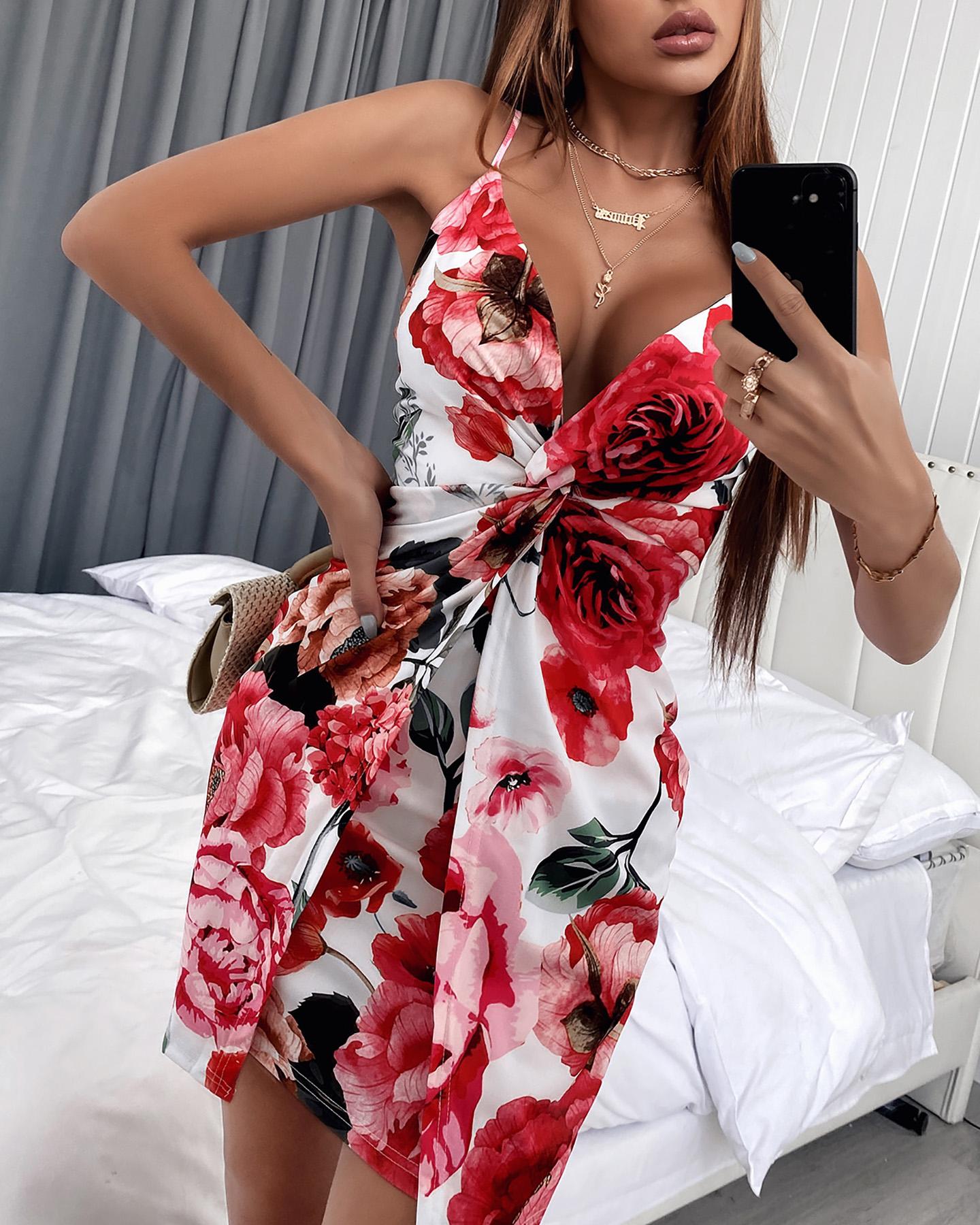 

Spaghetti Strap Floral Print Twisted Dress, Red