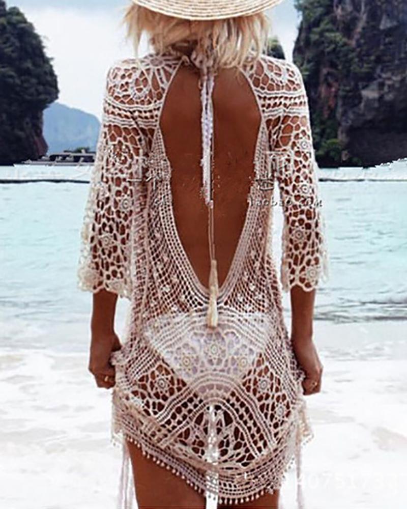 

Tied Detail Backless Crochet Lace Cover Up Dress, White