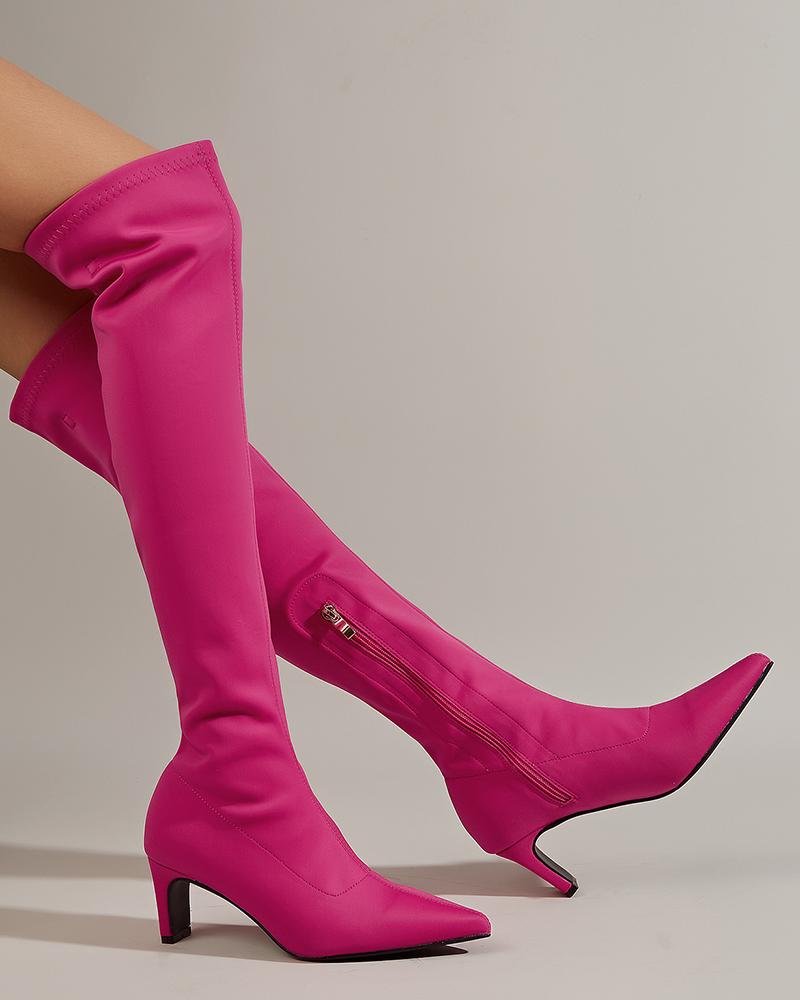 

Over The Knee Point Toe Side Zip Winter Boots, Hot pink
