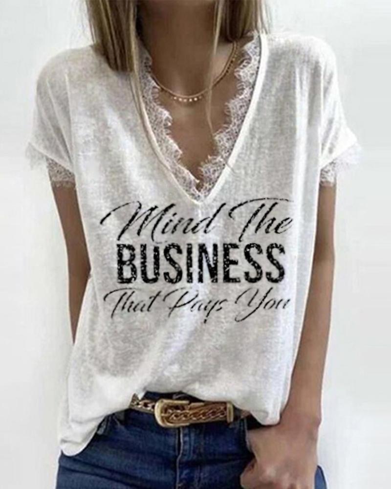 

Short Sleeve Letter Print Eyelash Lace Trim Top, White