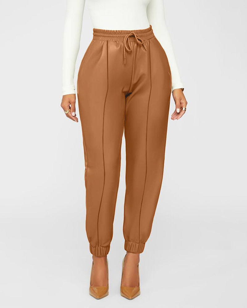 

PU Leather Drawstring High Waist Harem Pants, Brown