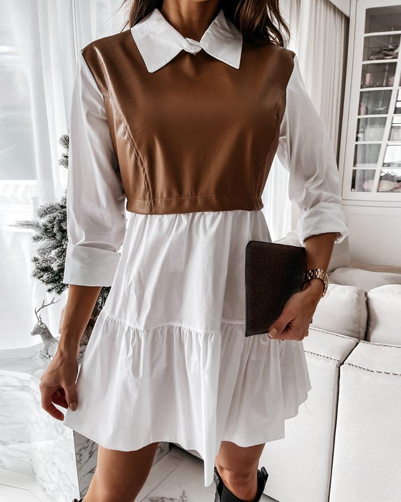 

Long Sleeve PU Leather Patch Shirt Dress, Khaki