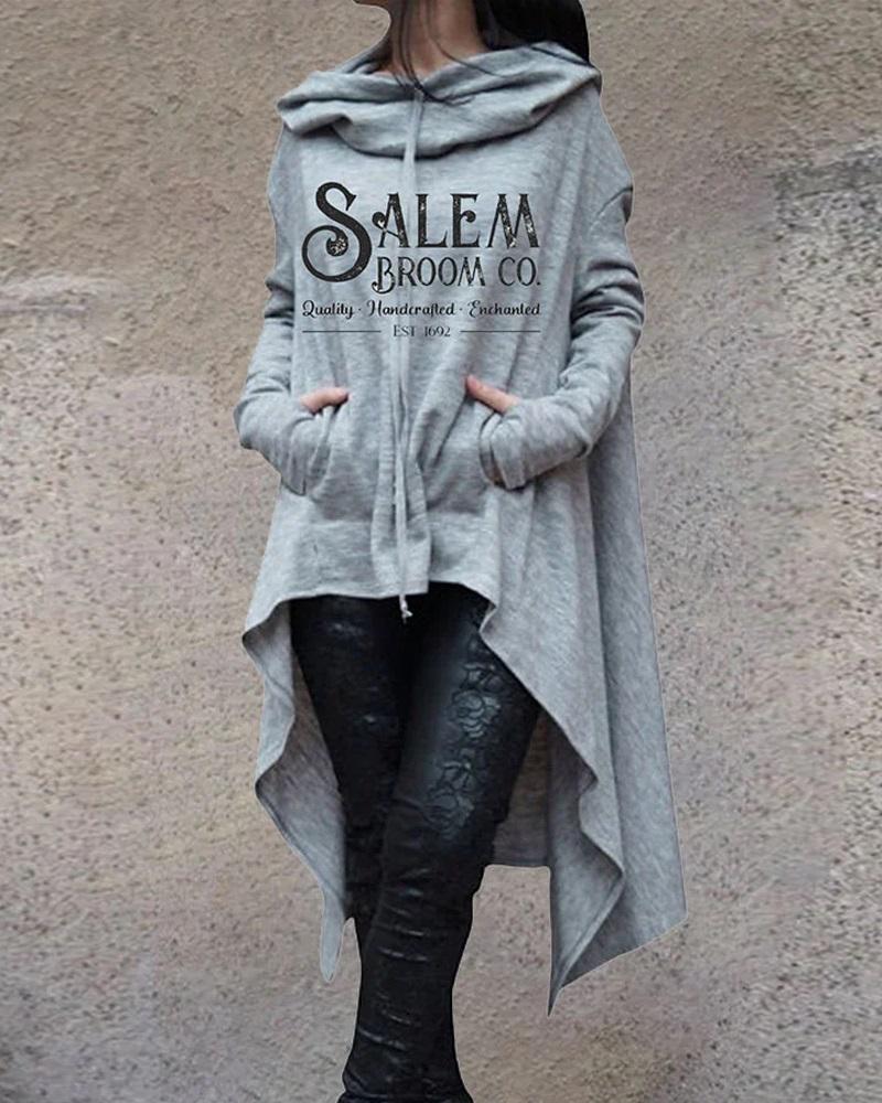 

Halloween Letter Print Dip Hem Long Sleeve Hoodie, Gray