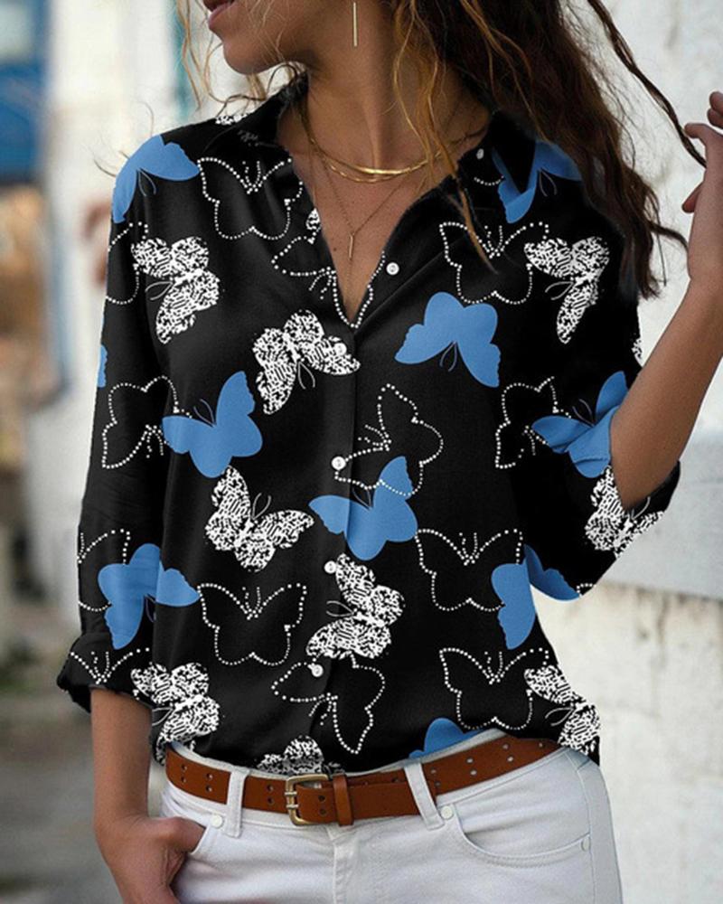 

Butterfly Print Buttoned Long Sleeve Shirt, Blue