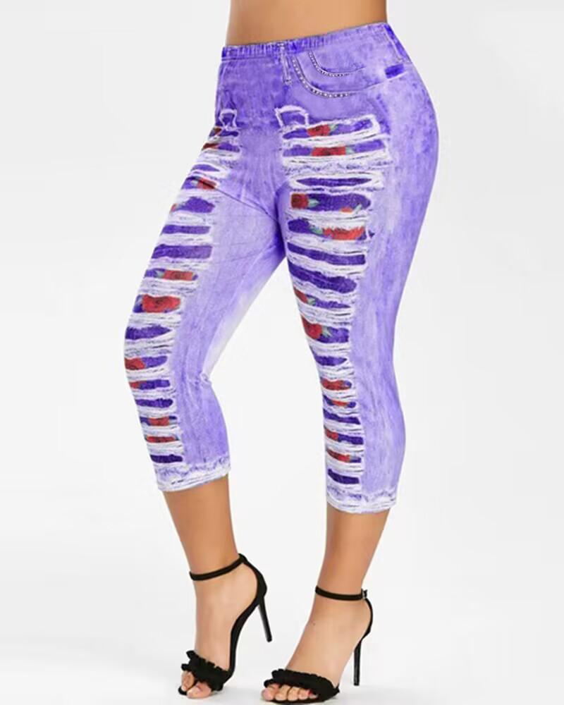 

Denim Look Floral Print Ripped Sports Leggings, Purple