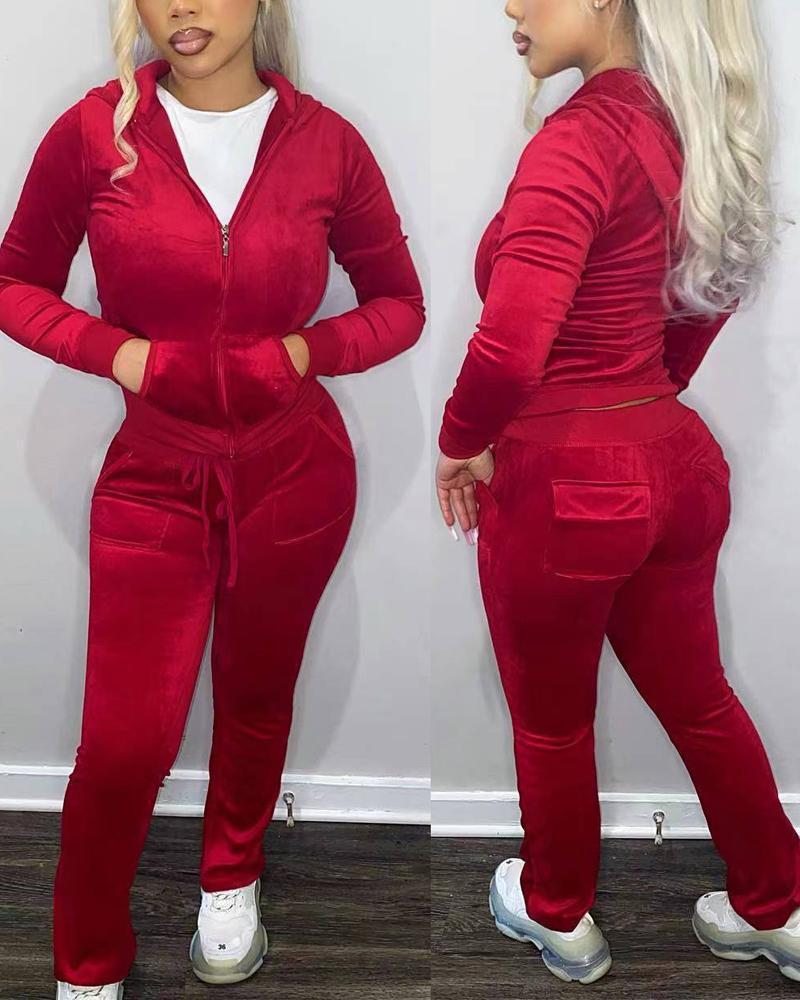 

Velvet Long Sleeve Hooded Zip Up Top & Pants Set, Red