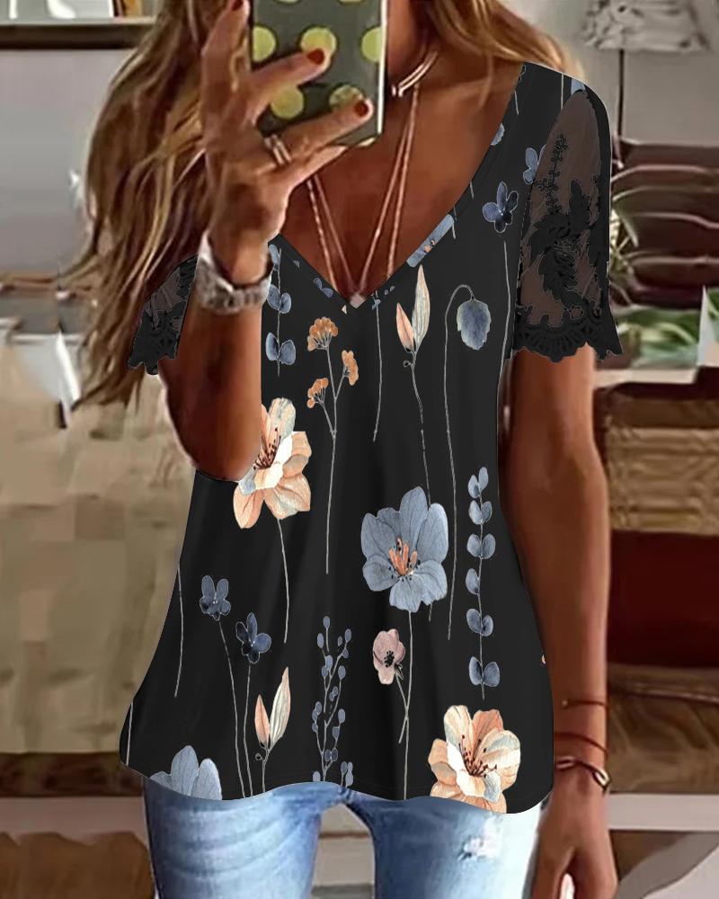 

Floral Print Lace Patch Deep V-Neck Top, Black