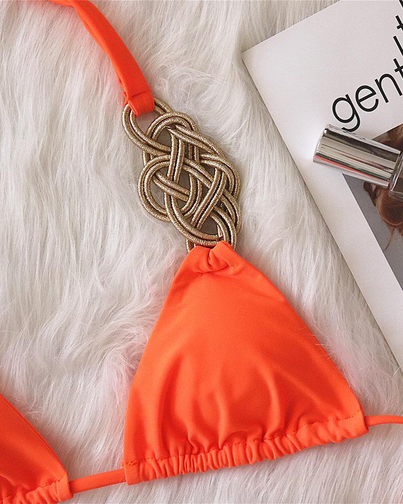 

Halter Tied Detail Sleeveless Bikini Set, Orange
