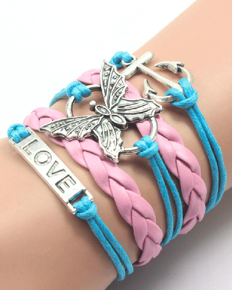 

1pcs Multilayer Butterfly Anchor Love Letter Design Bohemian Braided Bracelet, Pink