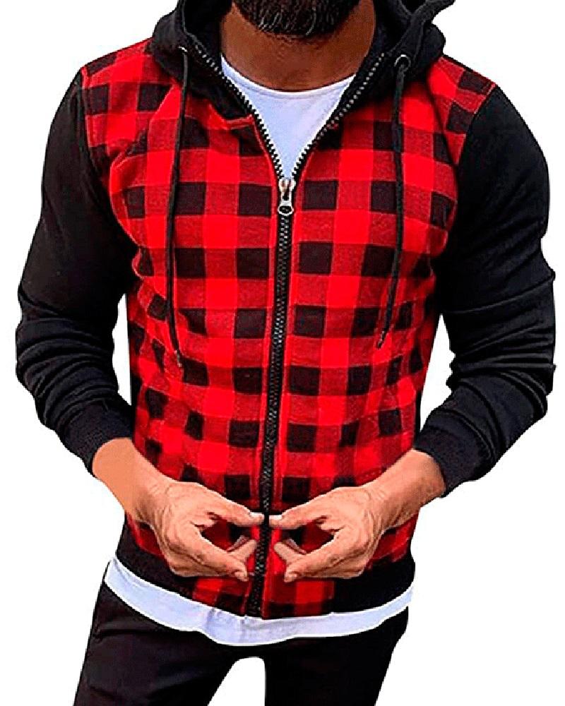 

Men Plaid Colorblock Zip Decor Coat, Red
