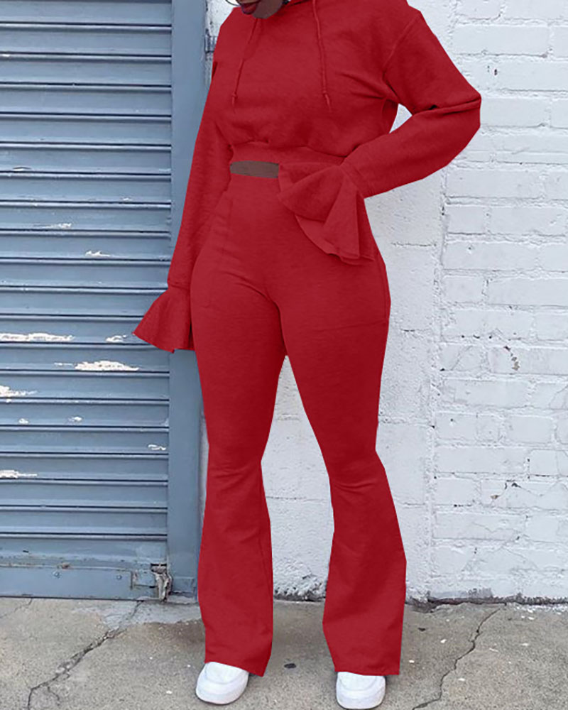 

Bell Sleeve Hooded Crop Top & High Waist Bootcut Pants Set, Red