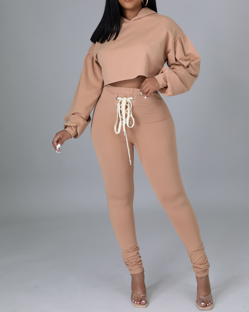 

Eyelet Lace-up Hooded Lantern Sleeve Crop Top & Pants Set, Coffee