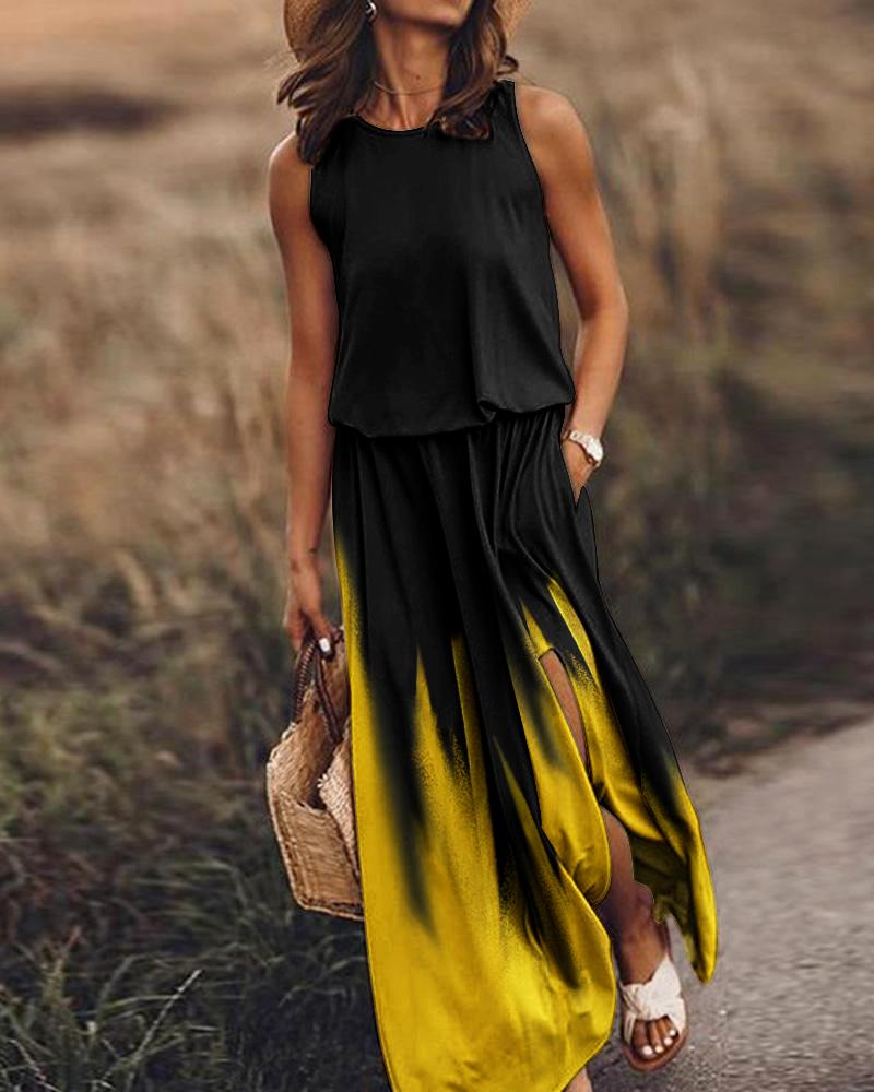 

Ombre Pocket Detail High Slit Casual Dress, Black