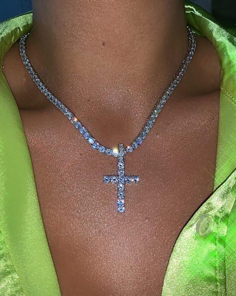 

1pc Cross Pattern Rhinestone Necklace, Silver