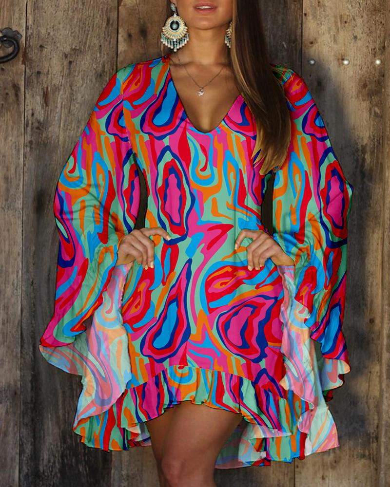 

Multi-Color Abstract Print Ruffles Bell Sleeve Casual Dress, Multicolor