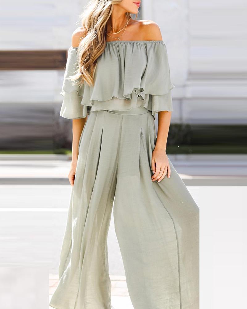 

Ruffle Hem Off Shoulder Crop Top & Wide Leg Pants Set, Light green