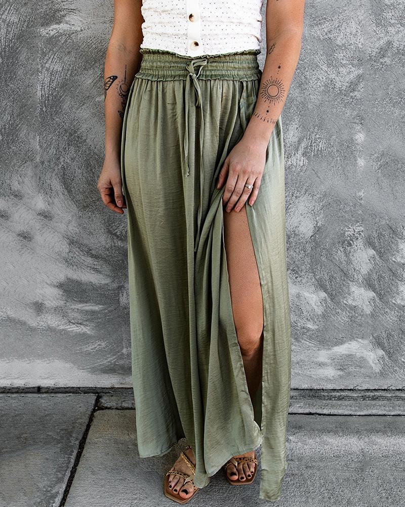 

Flowy Drawstring Shirred Slit Skirt, Green