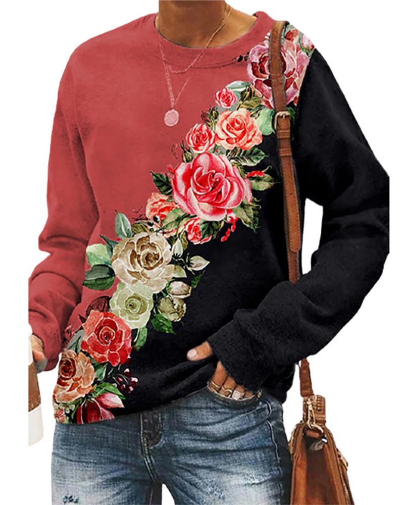 

Floral Print Colorblock Long Sleeve Top, Red