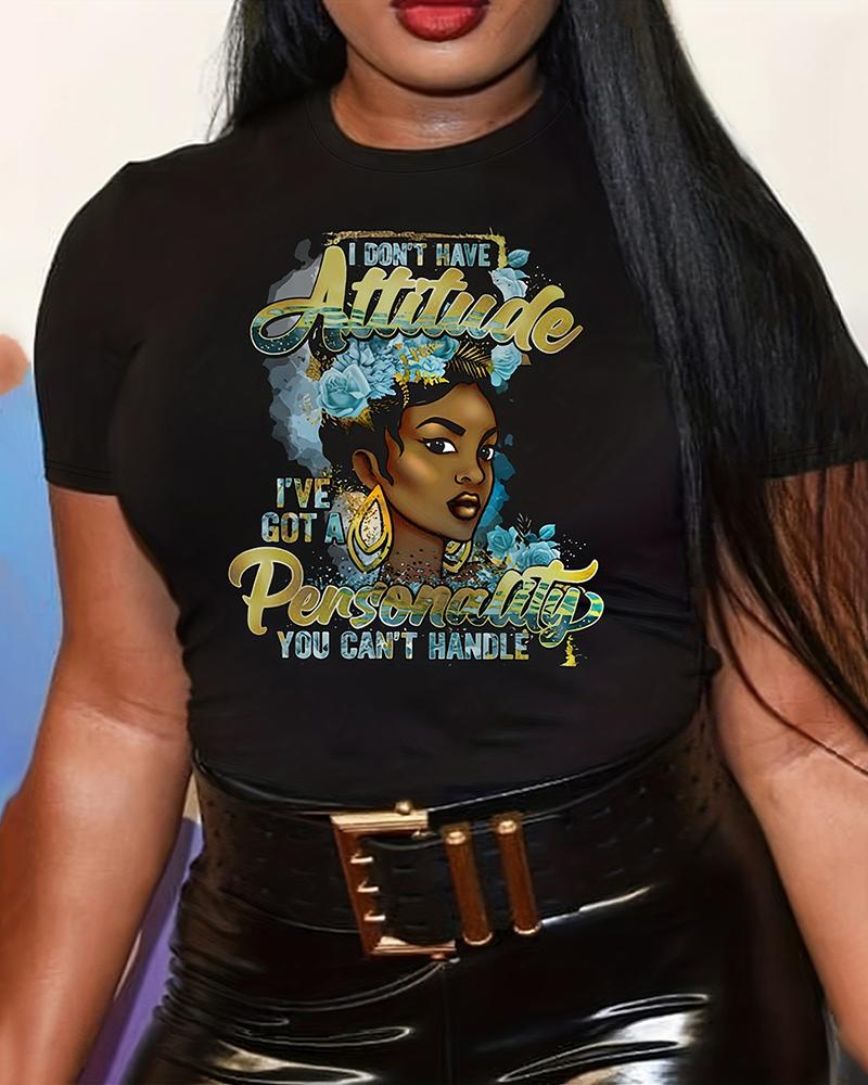 

Plus Size Figure Print Short Sleeve Casual T-shirt, Black