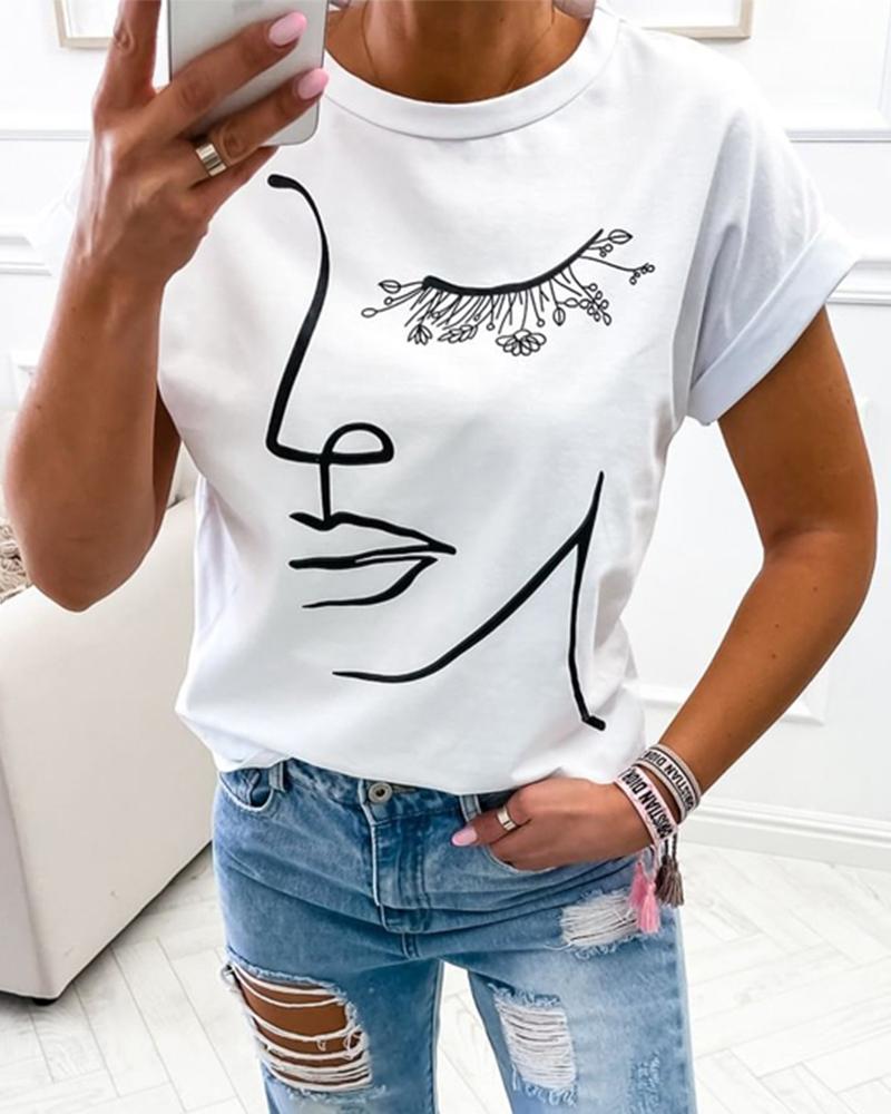 

Abstract Figure Print Short Sleeve Casual T-shirt, White