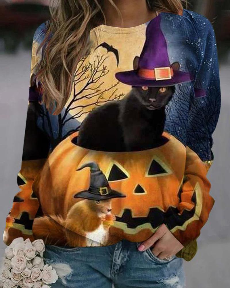 

Halloween Pumpkin Animal Print Long Sleeve Sweatshirt, Blue