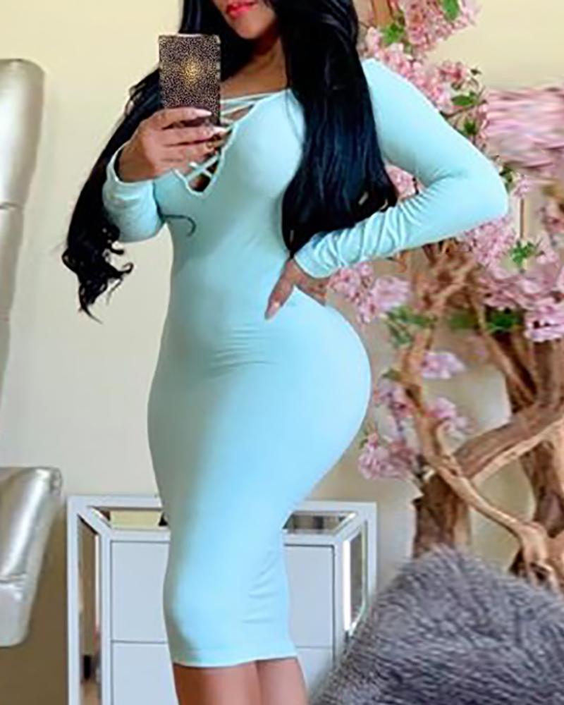 

Solid Lace-up Long Sleeve Bodycon Dress, Blue