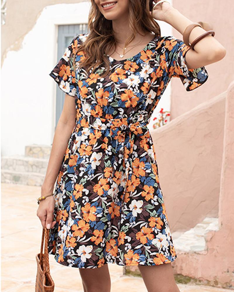 

Lace-up All Over Print Short Sleeve Mini Dress, Blue