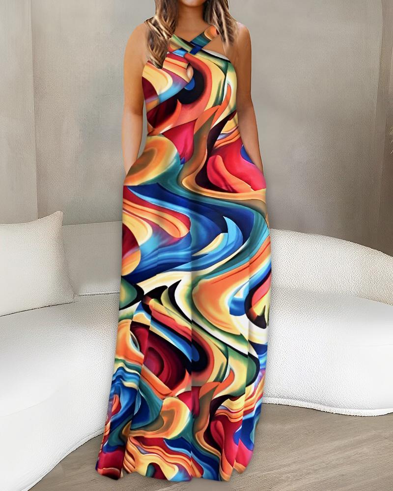 

Abstract Print Cross Halter Pocket Design Maxi Dress, Multicolor