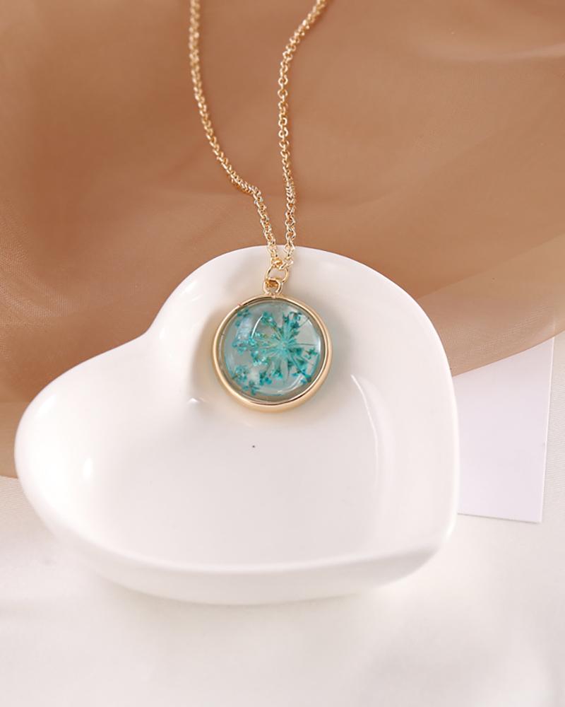 

Round Shape Clear Dry Flower Pendant Necklace, Blue