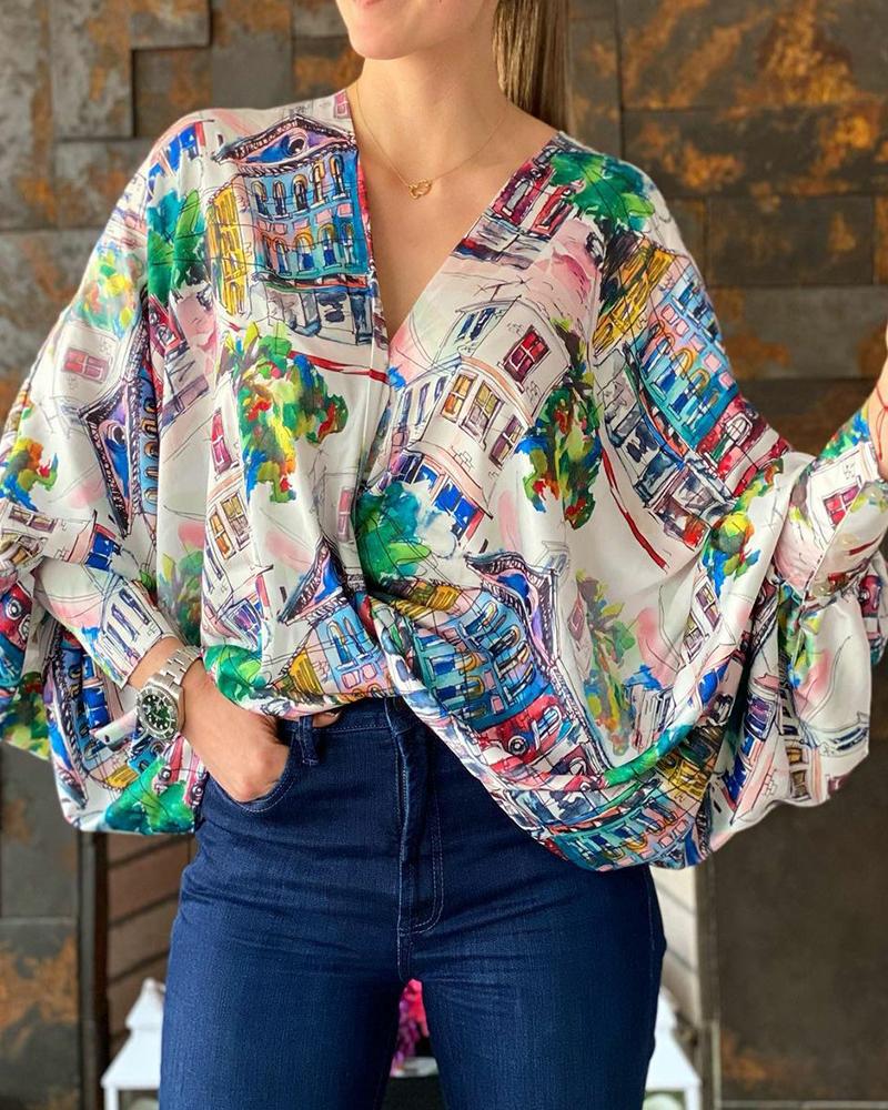 

All Over Print V-Neck Batwing Sleeve Top, Multicolor