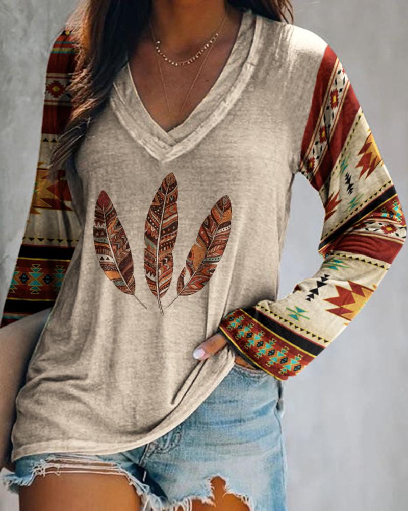 

Aztec Geometric Leaf Print Long Sleeve V-Neck Top, Apricot