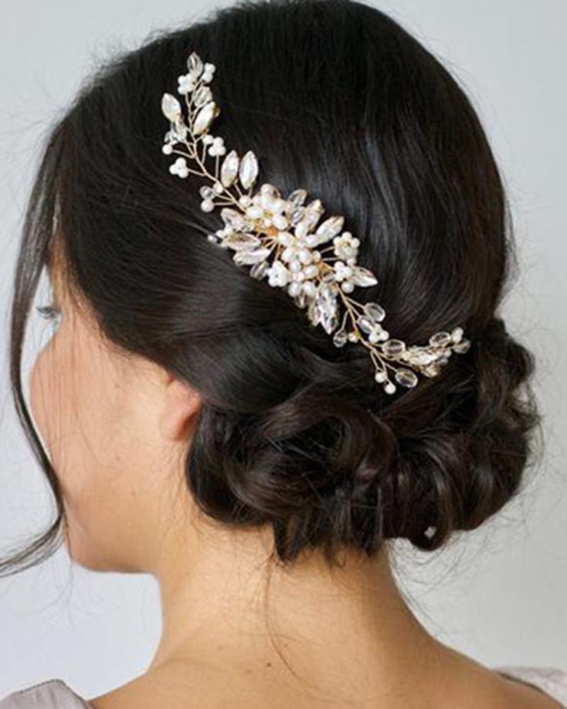 

1pc Wedding Bridal Hair Comb Clip Leaf Pearl Floral Hairpin Crystal Jewelry Headpiece, Gold